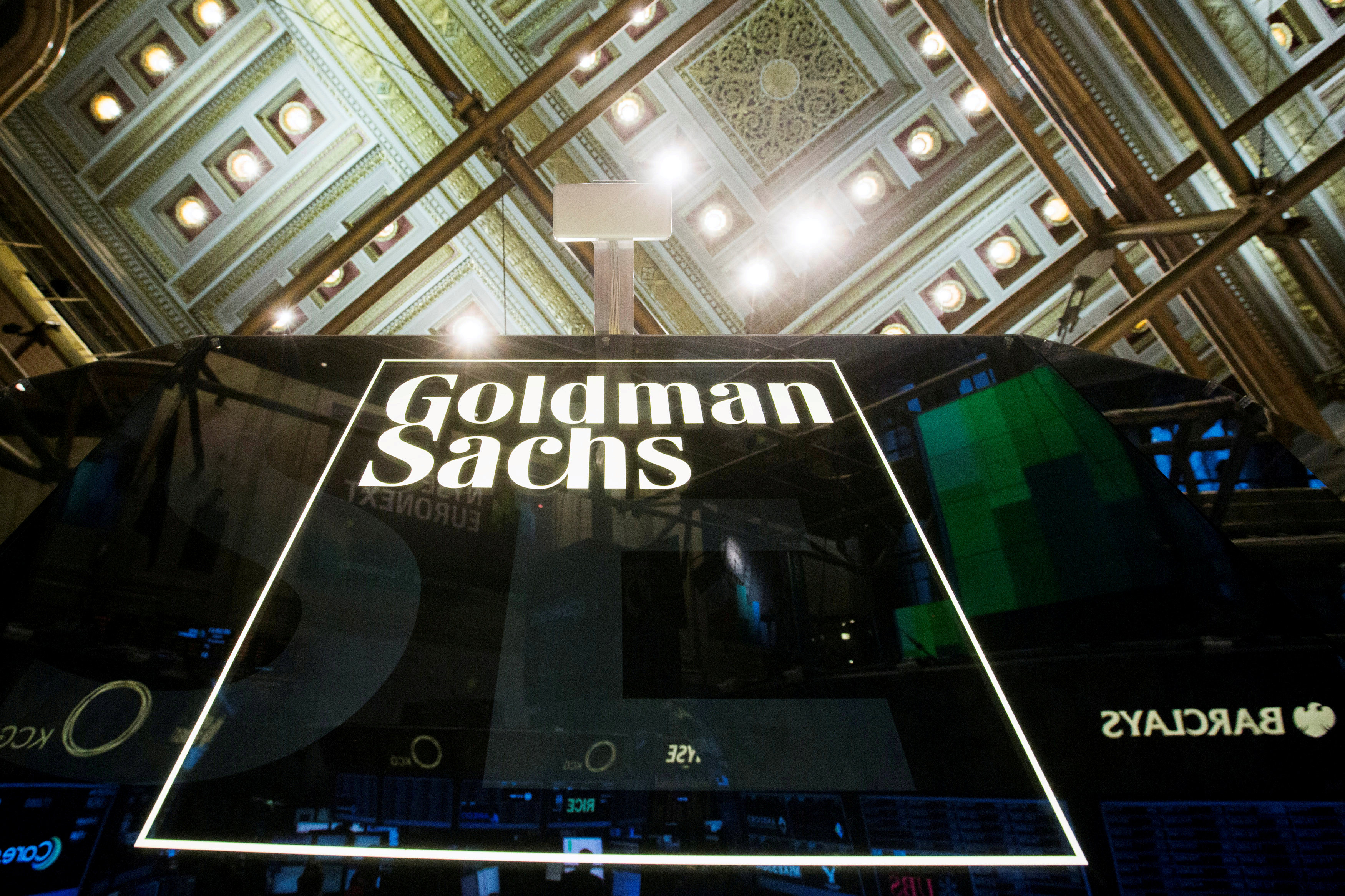 A Goldman Sachs sign is seen above the floor of the New York Stock Exchange shortly after the opening bell in the Manhattan borough of New York, U.S